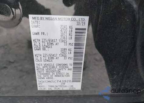 2020 Nissan Rogue Sv Intelligent Awd z USA, uszkodzony, nr VIN 5N1AT2MV2LC743920